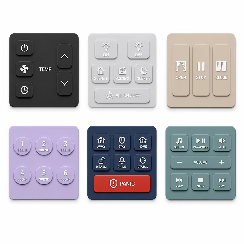 Collection of smart home silicone keypad designs on colored panels
