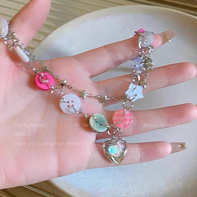 双层纽扣爱心项链欧美街头嘻哈风甜酷风项链