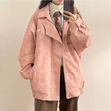 美式高街金属扣麂皮绒翻领夹克外套女