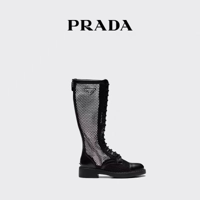 Prada/普拉达女士拉链拉合亮面皮革和网眼织物长靴