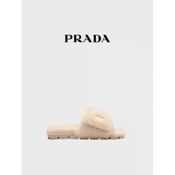 Prada/普拉达女士三角金属徽标饰羊皮毛拖鞋式凉鞋