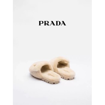 Prada/普拉达女士三角金属徽标饰羊皮毛拖鞋式凉鞋