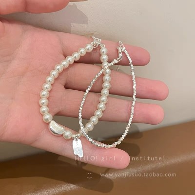 极细碎银子珍珠手链女2023年新款高级感轻奢小众精致叠戴手串配饰