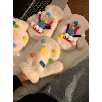 可爱毛绒连指手套女冬季保暖加绒加厚毛茸茸挂脖秋冬天防寒冻学生