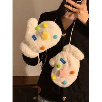 可爱毛绒连指手套女冬季保暖加绒加厚毛茸茸挂脖秋冬天防寒冻学生