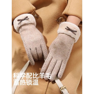 手套女士冬季加绒加厚保暖冬天骑行开车触屏蝴蝶结羊毛手套