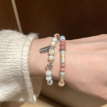 撞色寿山石串珠手链女夏ins小众设计感弹力手串轻奢网红气质手饰