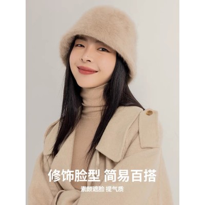 兔毛渔夫帽女秋冬2023新款毛毛盆帽百搭显脸小防寒保暖护耳水桶帽