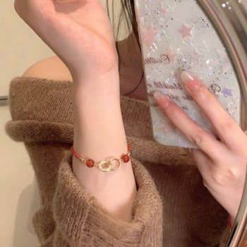 平安锁猫眼石抽拉手链女生红绳本命年新年红玛瑙手绳轻奢小众精致