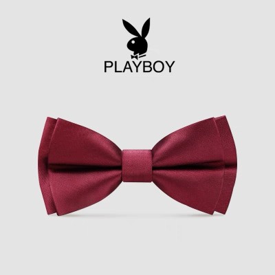 花花公子结婚领结男士新郎婚礼蝴蝶结伴郎酒红色西装衬衫礼服双层