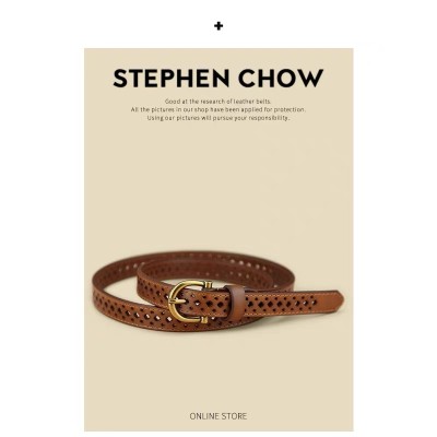 皮带女真皮头层牛皮棕色复古镂空免打孔腰带百搭装饰配裙牛仔裤带