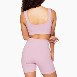 Low Scoop Neck Sports Bra sets Manufacturer |  2 Piece Recyclable Polyester Pink Biker Shorts Set women Factory Supplier