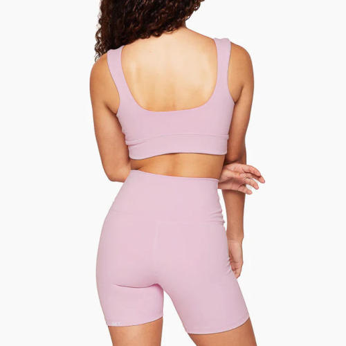 Low Scoop Neck Sports Bra sets Manufacturer |  2 Piece Recyclable Polyester Pink Biker Shorts Set women Factory Supplier