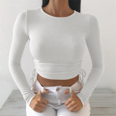 Slim Fit Stretchy Ribbed Crop Tops Manufacturer | Slim Round Neck Long Sleeve Shirts Supplier