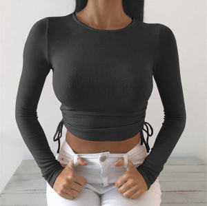 Slim Fit Stretchy Ribbed Crop Tops Manufacturer | Slim Round Neck Long Sleeve Shirts Supplier