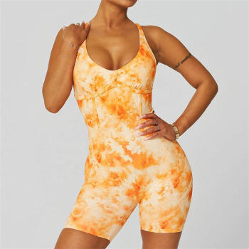 Workout Gym Yoga Tie dye Digital print Jumpsuit Manufacturer |  Big Size Recycled Sexy V Neck Backless Exercise scrunch butt Jumpsuits Factory