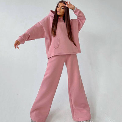 women fleece sweatsuit set tracksuit Manufacturer | Custom hoodies two piece wide leg pant