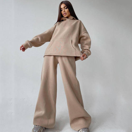 women fleece sweatsuit set tracksuit Manufacturer | Custom hoodies two piece wide leg pant