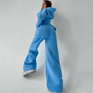 women fleece sweatsuit set tracksuit Manufacturer | Custom hoodies two piece wide leg pant