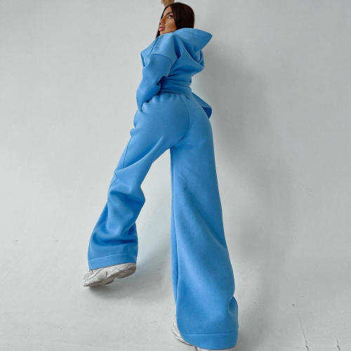 women fleece sweatsuit set tracksuit Manufacturer | Custom hoodies two piece wide leg pant