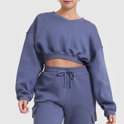 Women V Neck Cropped Tops Sweatshirt Manufacturer | Thick Pullover Oversize sweatshirts Factory