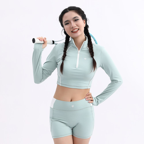 Custom Slim Fit Athletic Yoga Top Workout Shorts Set Manufacturer | High Neck 1/4 Zip Top suppliers