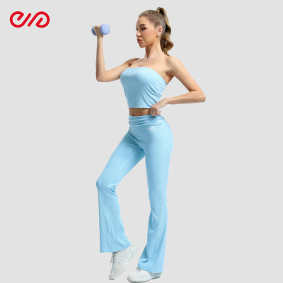 High-Waisted Flared Pants Manufacturer |  Sky Blue Strapless Activewear Set supplier