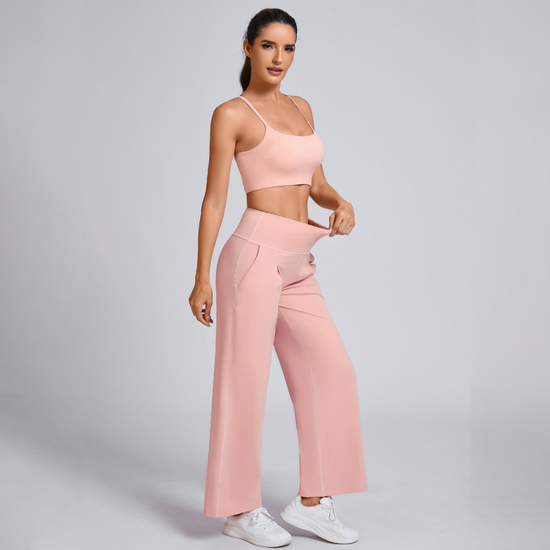 Custom Strappy Sports Bra and Wide-Leg Pants Athleisure Set Manufacturer | Sports Outfit Supplier