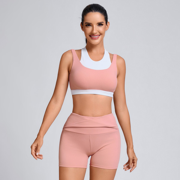 Custom Pink two-piece layered Sports Bra Manufacturer | Shorts with Pockets Supplier
