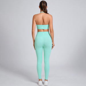 Custom Sporty deep-V halterneck sports bra Manufacturer | Full-Length Leggings Supplier