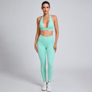 Custom Sporty deep-V halterneck sports bra Manufacturer | Full-Length Leggings Supplier