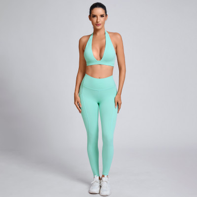 Custom Sporty deep-V halterneck sports bra Manufacturer | Full-Length Leggings Supplier