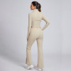 Custom Beige Half-Zip Crop Top and Flare Pants Set Manufacturer | Workout Outfit Supplier