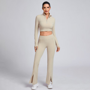 Custom Beige Half-Zip Crop Top and Flare Pants Set Manufacturer | Workout Outfit Supplier
