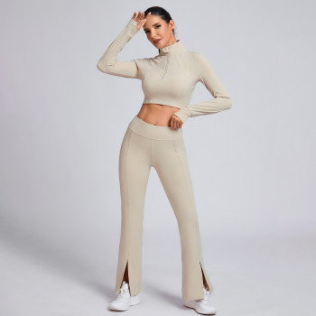 Custom Beige Half-Zip Crop Top and Flare Pants Set Manufacturer | Workout Outfit Supplier