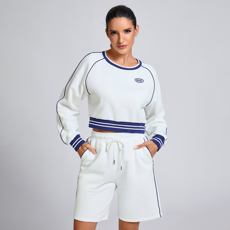 Custom Contrast Striped Cropped Sweatshirt Manufacturer | Sportswear Shorts Supplier