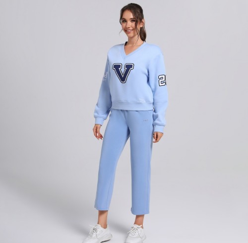 Oversized Women's V-Neck embroidery Sweatshirt  |  Cotton Fleece Jogger Pants Athletic Wear Vendor