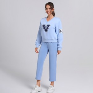 Oversized Women's V-Neck embroidery Sweatshirt  |  Cotton Fleece Jogger Pants Athletic Wear Vendor