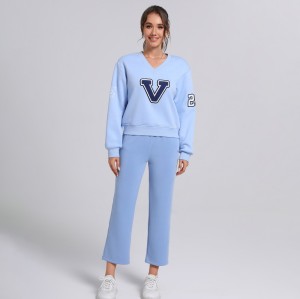 Oversized Women's V-Neck embroidery Sweatshirt | Cotton Fleece Jogger Pants Athletic Wear Vendor