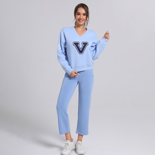 Oversized Women's V-Neck embroidery Sweatshirt | Cotton Fleece Jogger Pants Athletic Wear Vendor