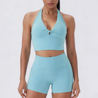 OEM Halter Neck Yoga Set Twist Front Sports Bra Manufacturer | Biker Shorts Manufacturer