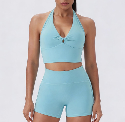 OEM Halter Neck Yoga Set Twist Front Sports Bra Manufacturer | Biker Shorts Manufacturer