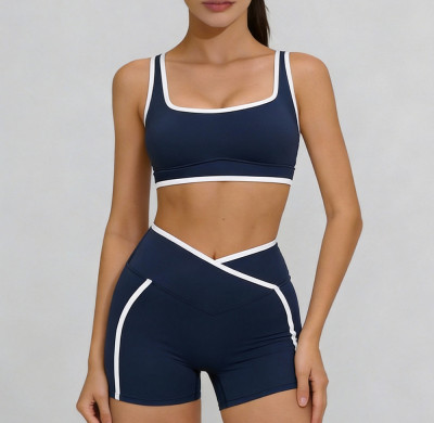 OEM Contrast Piping Yoga Set Manufacturer |Crossover Waistband Biker Shorts Factory