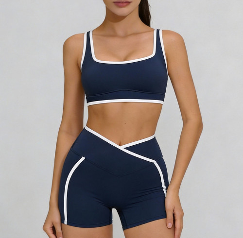 OEM Contrast Piping Yoga Set Manufacturer |Crossover Waistband Biker Shorts Factory