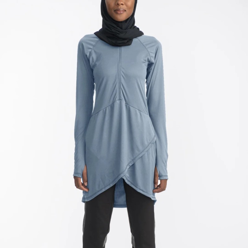 OEM Modest Sportswear Half-Zip Longline Tunic Manufacturer | Layer Tulip Hem Yoga Top Supplier