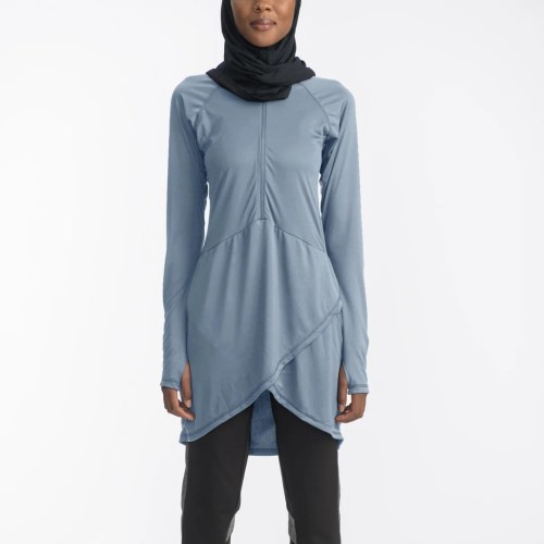 OEM Modest Sportswear Half-Zip Longline Tunic Manufacturer | Layer Tulip Hem Yoga Top Supplier