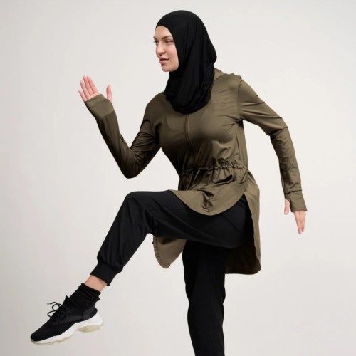 Custom Sportswear Full Zip Hooded Tunic Hijab | Modest Activewear Jacket Supplier