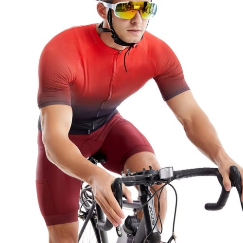 OEM Red Gradient Cycling Jersey Set Supplier | Wholesale Gel Padded Shorts Factory Manufacturer
