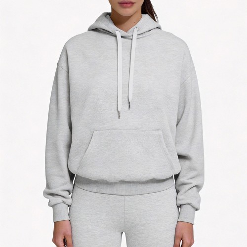 Custom Wholesale 380GSM Heather Gray Oversized Tracksuit Set | Pullover Hoodie Joggers | OEM ODM Women Two-Piece Factory