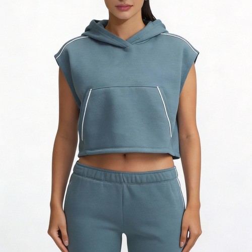 Custom Wholesale Sleeveless Hoodie Set Manufacturer | OEM Cropped Tank Joggers factory
